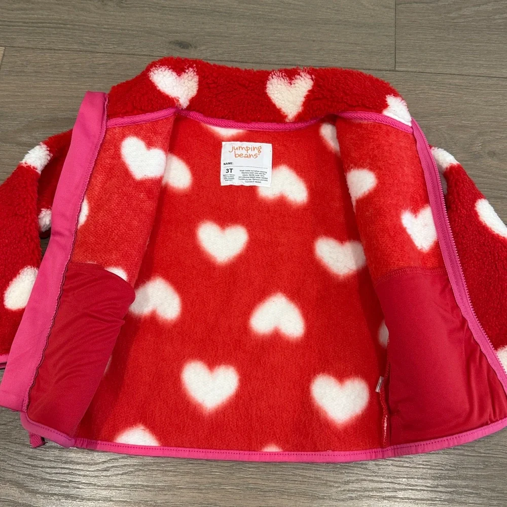 JUMPING BEANS Red White Heart Pink Sherpa‎ Full Zip Cozy Jacket Size 3T